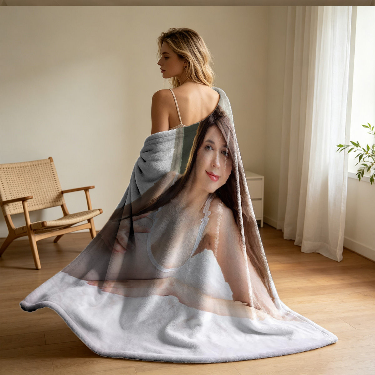 Two Women in Leather Dress and Lingerie Embracing on Bed - Blanket