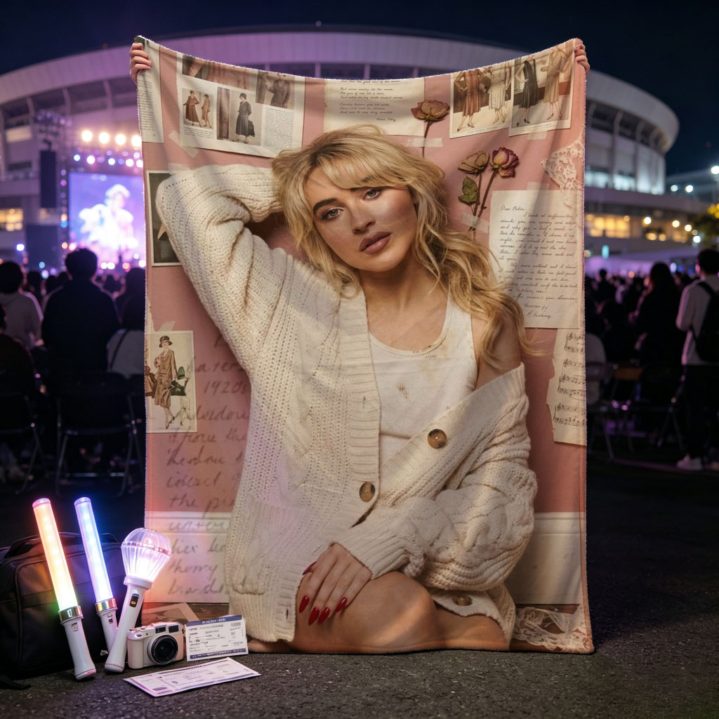 Sabrina Carpenter Sitting on Floor in Cozy Knit Cardigan Against Pink Wall with Vintage Photos and Letters - Blankets