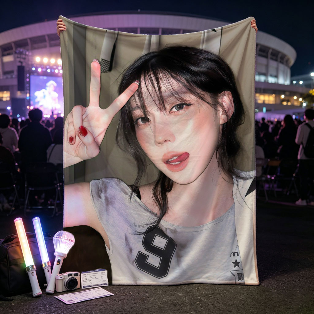 Korean Celebrity in Casual Outfit Making Peace Sign in Indoor Setting - Blankets
