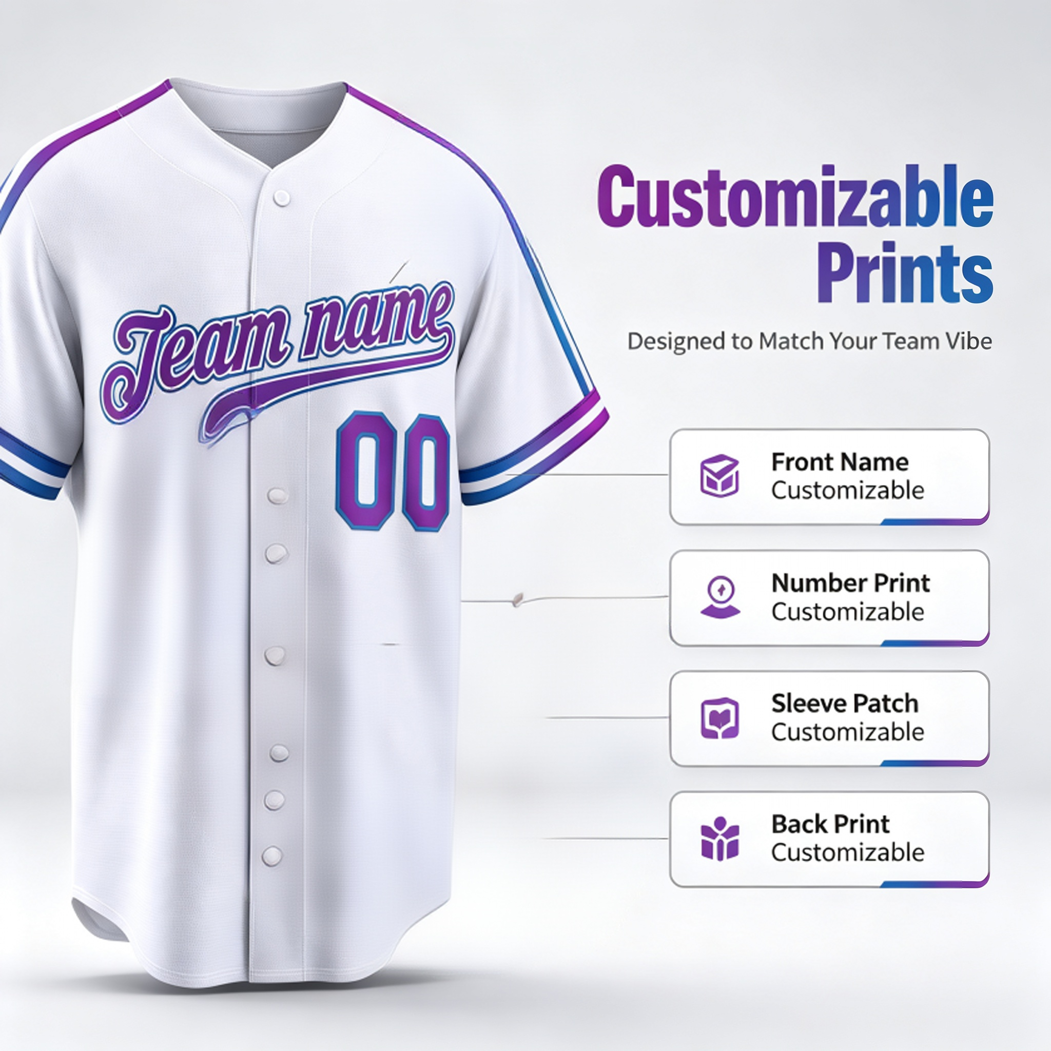 Custom Printed Kansas City Crown Letter Style Baseball Jersey White Gradient Blue Purple Button Down Shirt for Men and Women