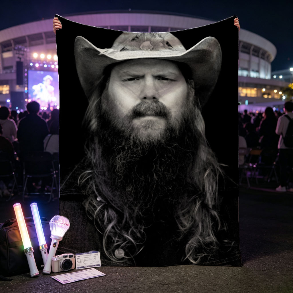 Chris Stapleton in a Cowboy Hat and Denim Jacket - Black and White Portrait - Blankets
