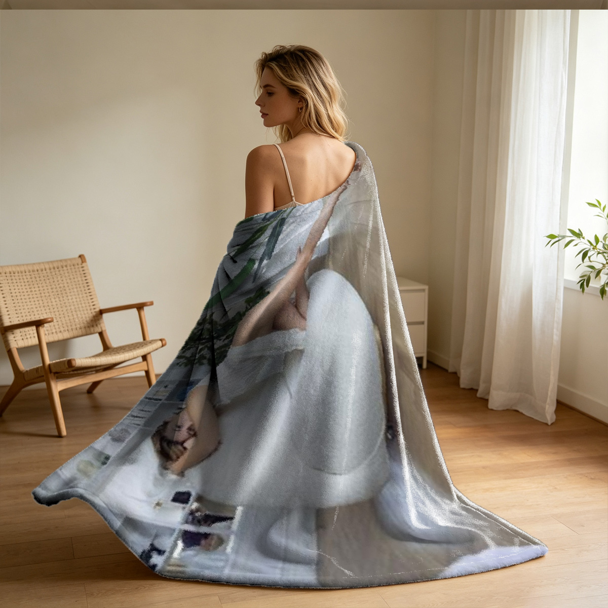 Pouring Milk Over White Sheer Lingerie in Marble Bathroom - Blanket