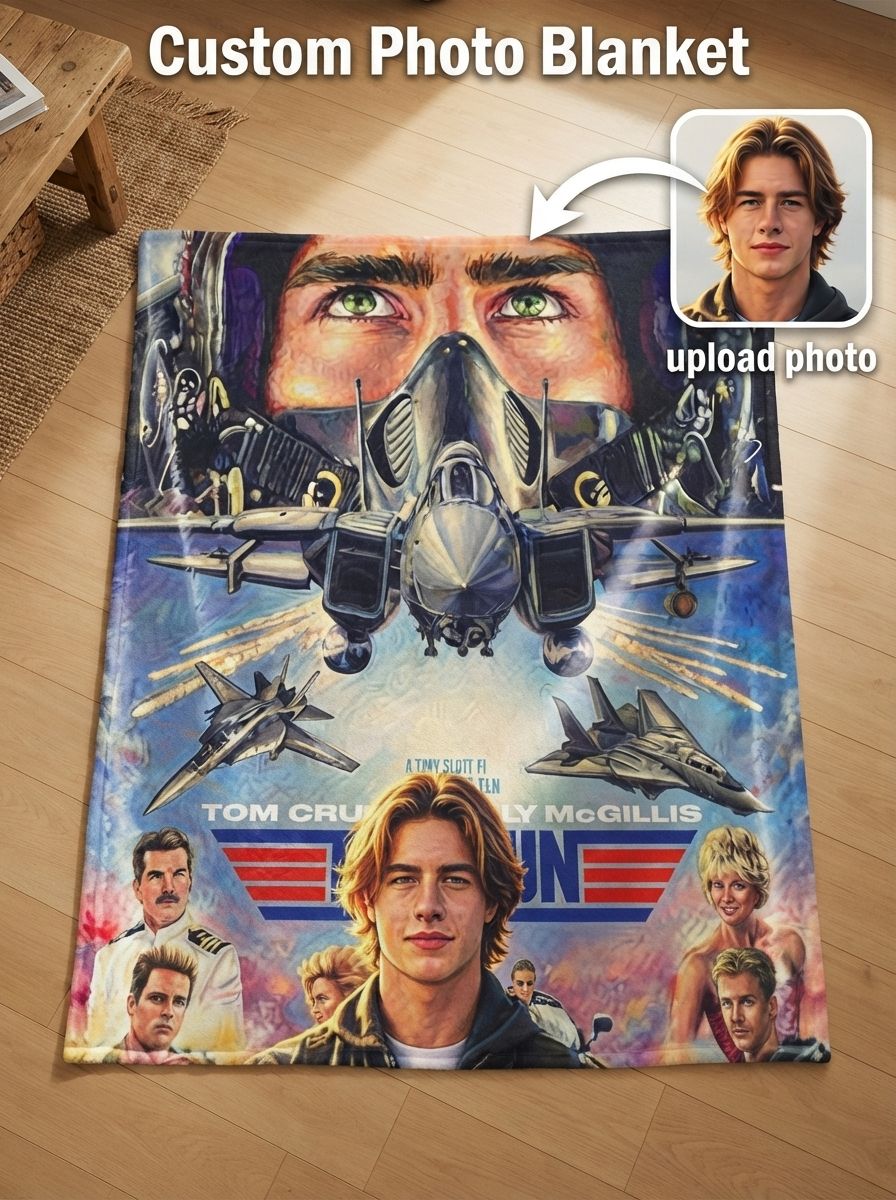 Custom Photo Face Blanket Personalized Retro Pilot Fighter Jet Poster Soft Flannel Fleece Throw Cozy Gift for Sofa Bed
