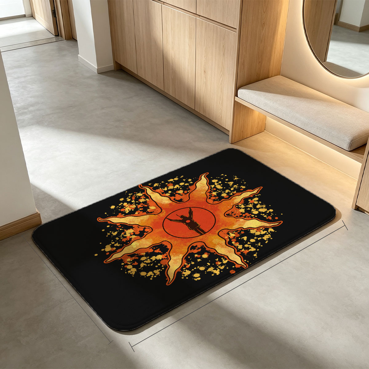 Sunburst Warrior: Silhouette in Radiant Flame - Flannel floor mat