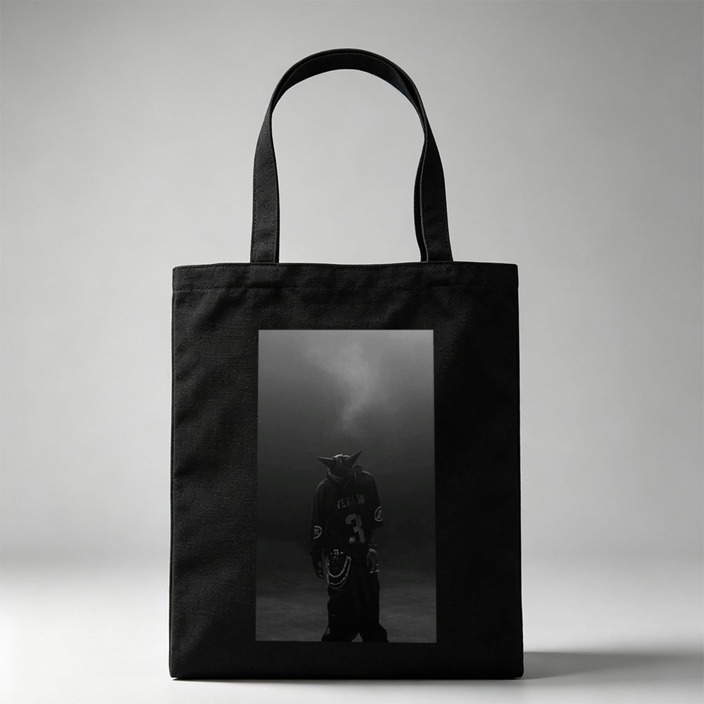 Travis Scott in Dark Atmosphere Wearing Wolf Mask and Black Jersey with Chains - Canvas tote bags