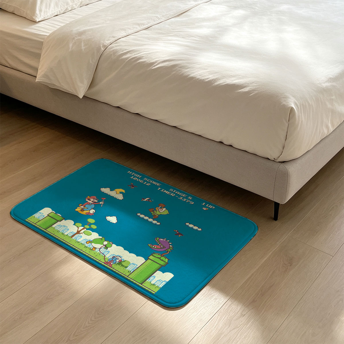 Mario, Yoshi, and Koopa in a vibrant platformer scene with high score and stage details - Flannel floor mat
