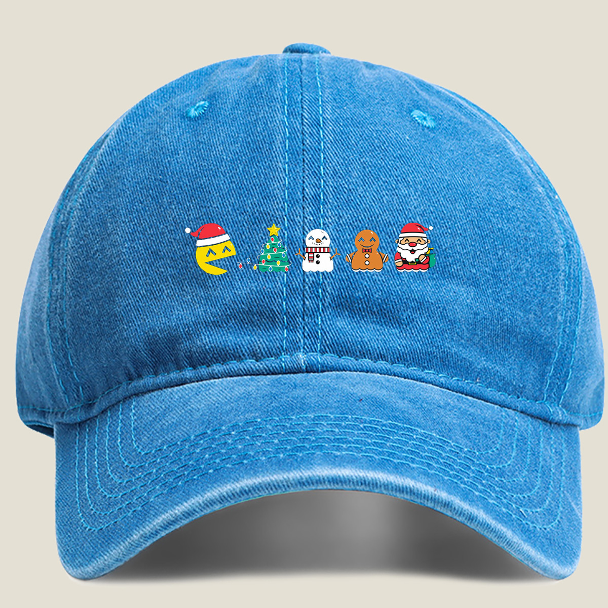 Pac-Man Christmas Characters: Pac-Man, Christmas Tree, Snowman, Gingerbread Man, Santa Claus - Washed Denim - Baseball Cap