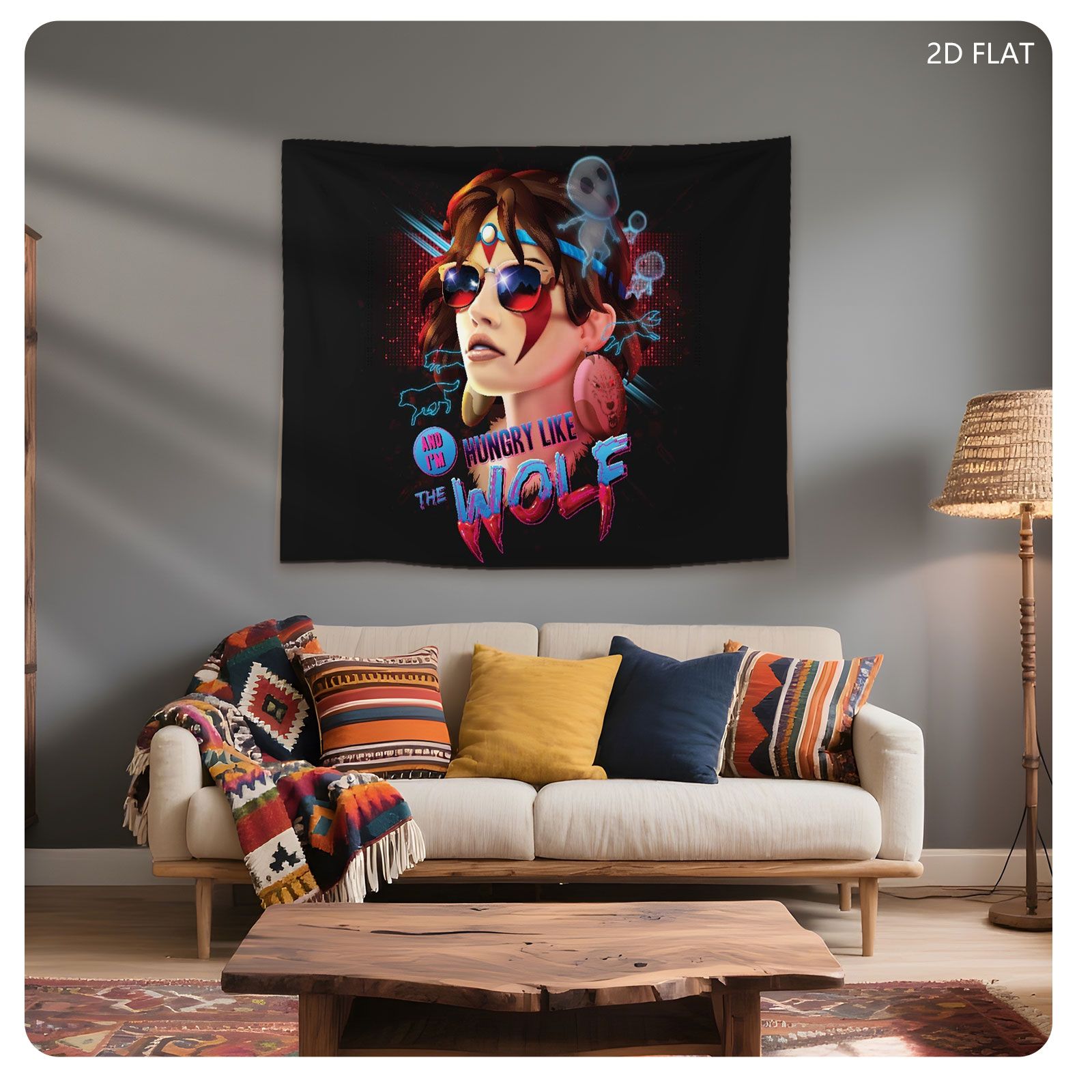 Hungry Like the Wolf: Neon-Style Portrait with Sunglasses and Ghostly Elements - Tapestry