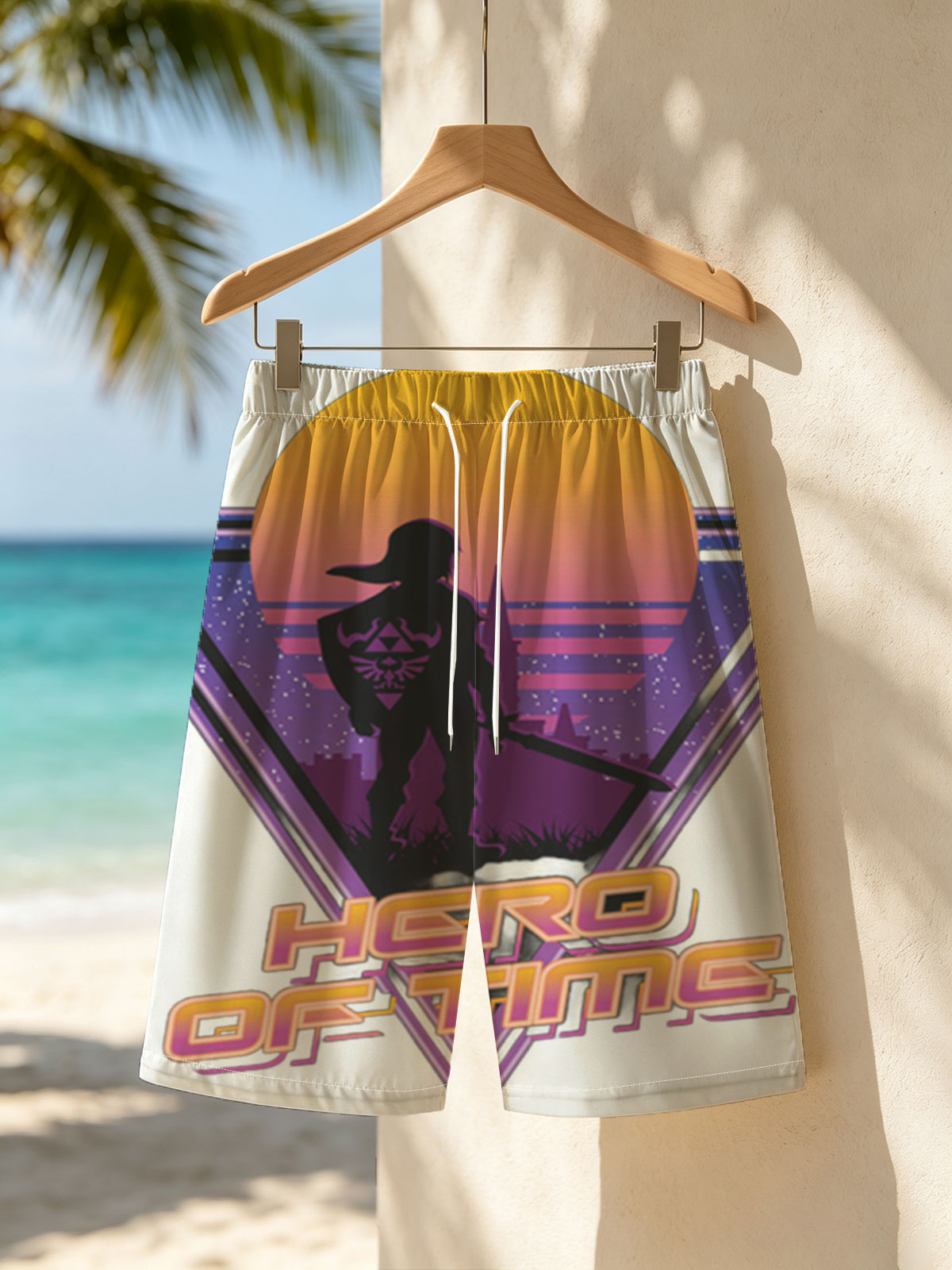 Hero of Time: Link Silhouette in Retro Sunset Scene -  Beach shorts
