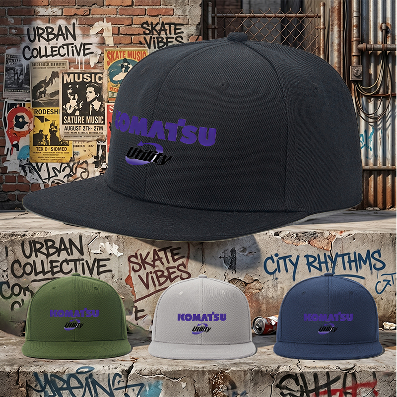 Flat Brim Baseball Cap Komatsu Utility Logo Print Streetwear Underground Skate Style for Basketball Court Skate Park Urban Riders and Rap Artists