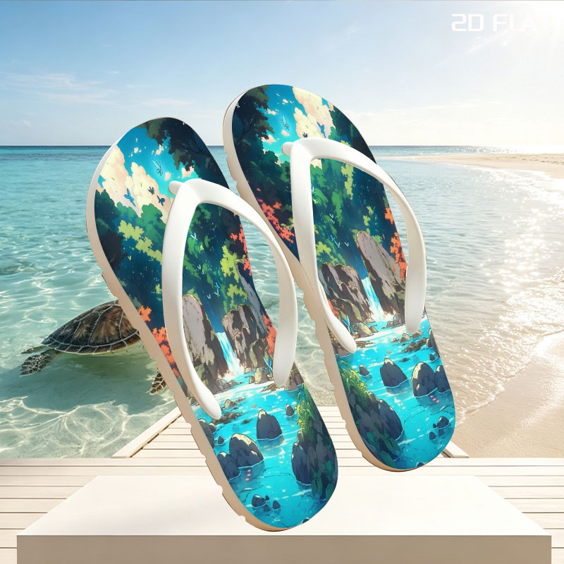 Serene Forest Stream with Waterfall and Butterflies -  flip-flops