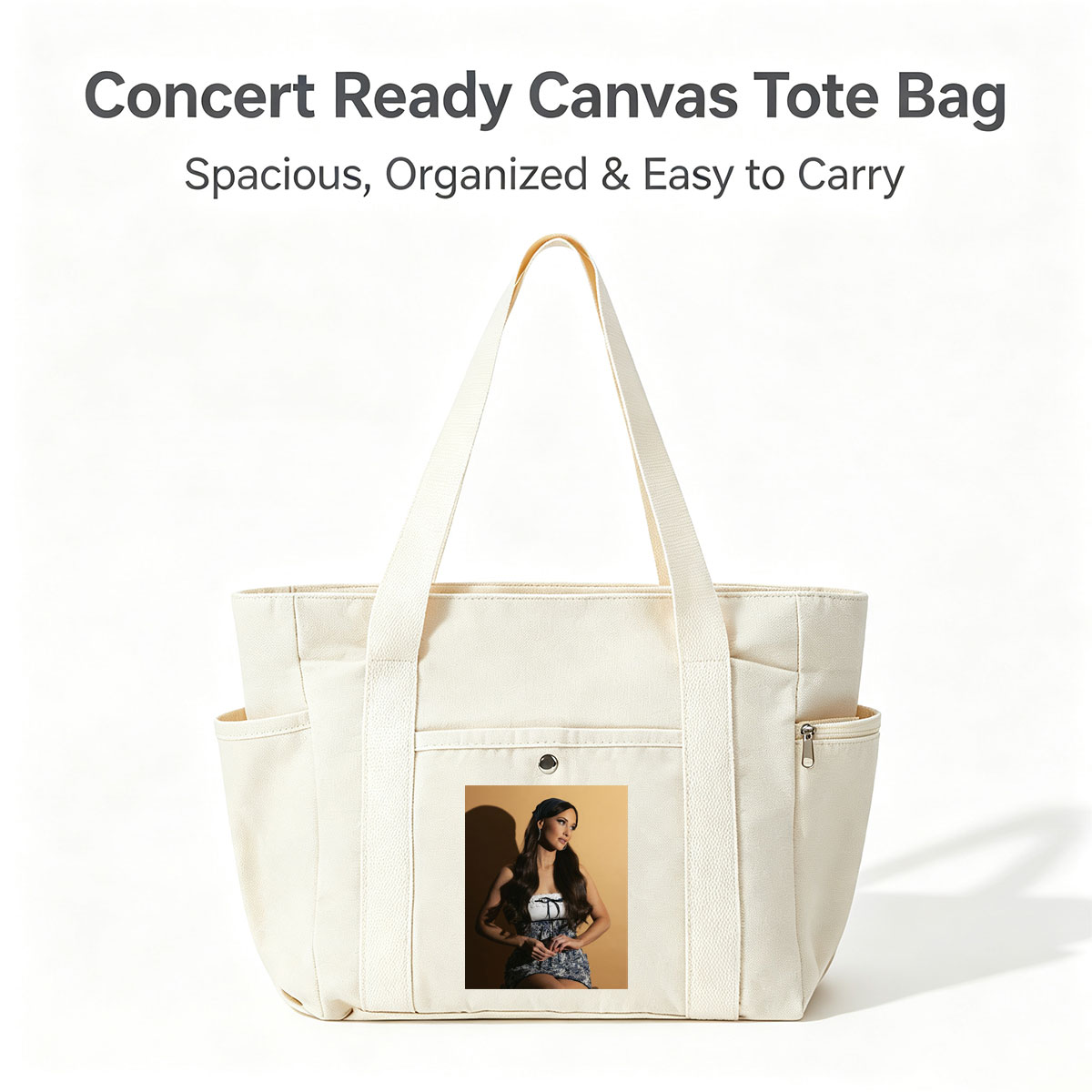 Lana Del Rey in a Stylish Blue and White Dress with Lace-Up Detail on a Warm Background - Multi-pocket bags