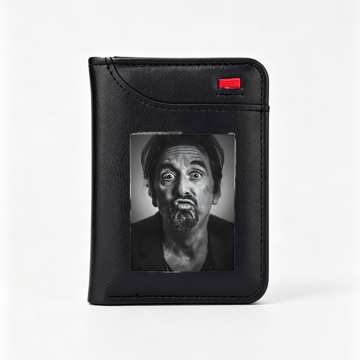 Al Pacino in a dramatic black-and-white portrait, expressing intense emotion with wide eyes and a furrowed brow. - Vertical Style Wallet