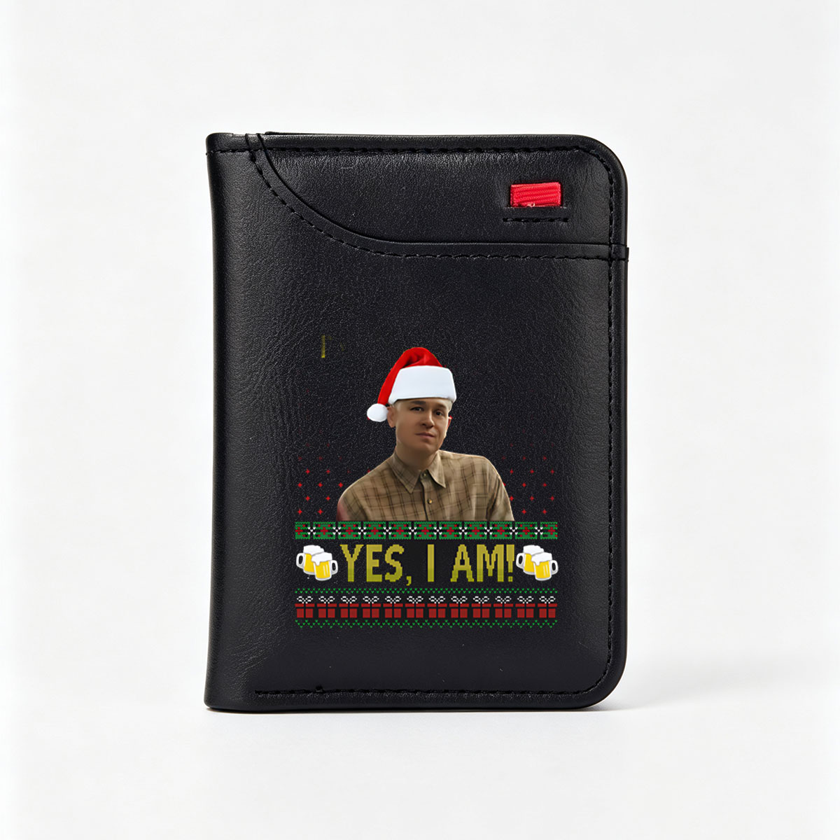 Yes, I Am! - Santa Hat Man in Plaid Shirt with Festive Beer Mugs and Christmas Pattern Background - Vertical Style Wallet