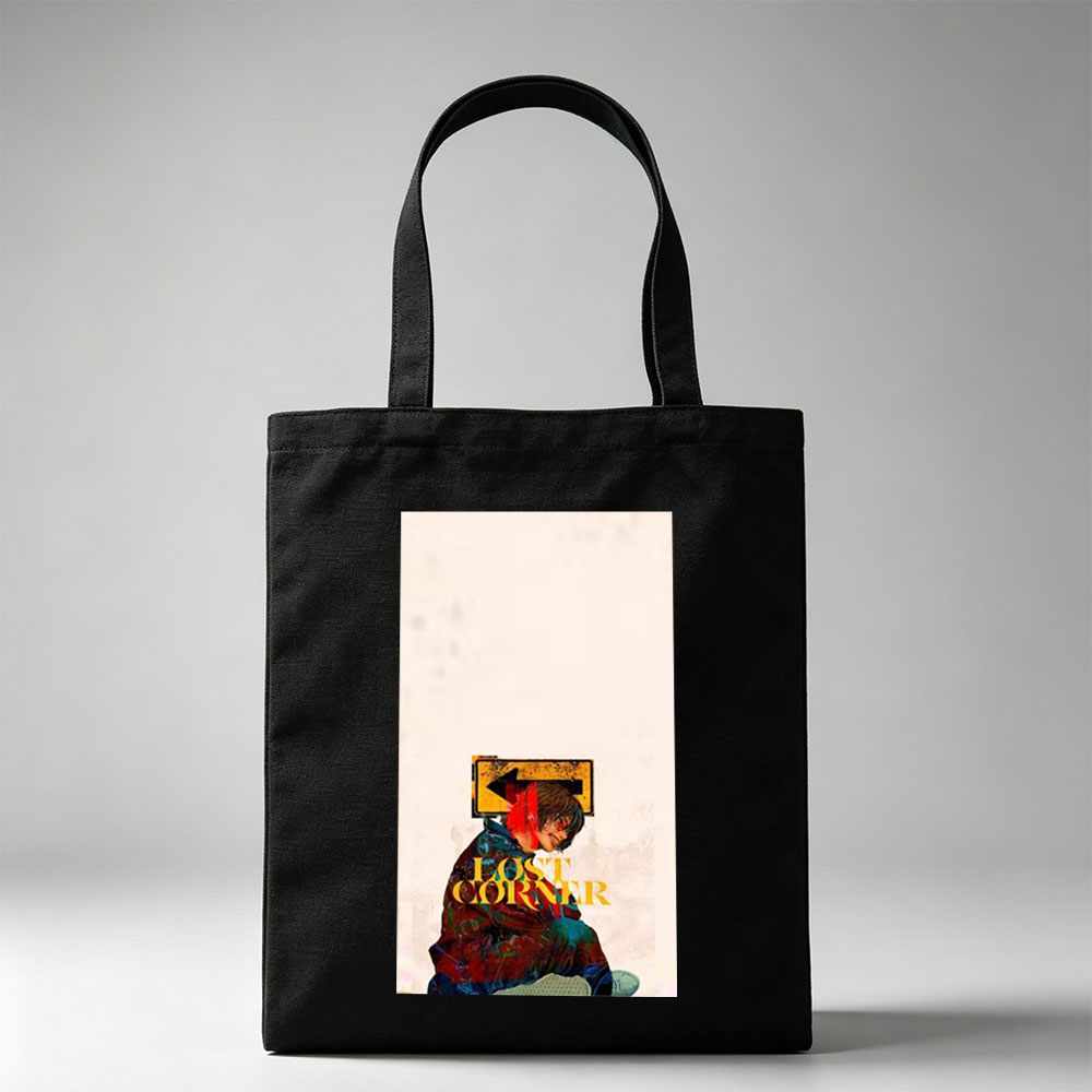 Lost Corner Artist in Colorful Jacket with Arrow Sign and Text Overlay - Canvas tote bags