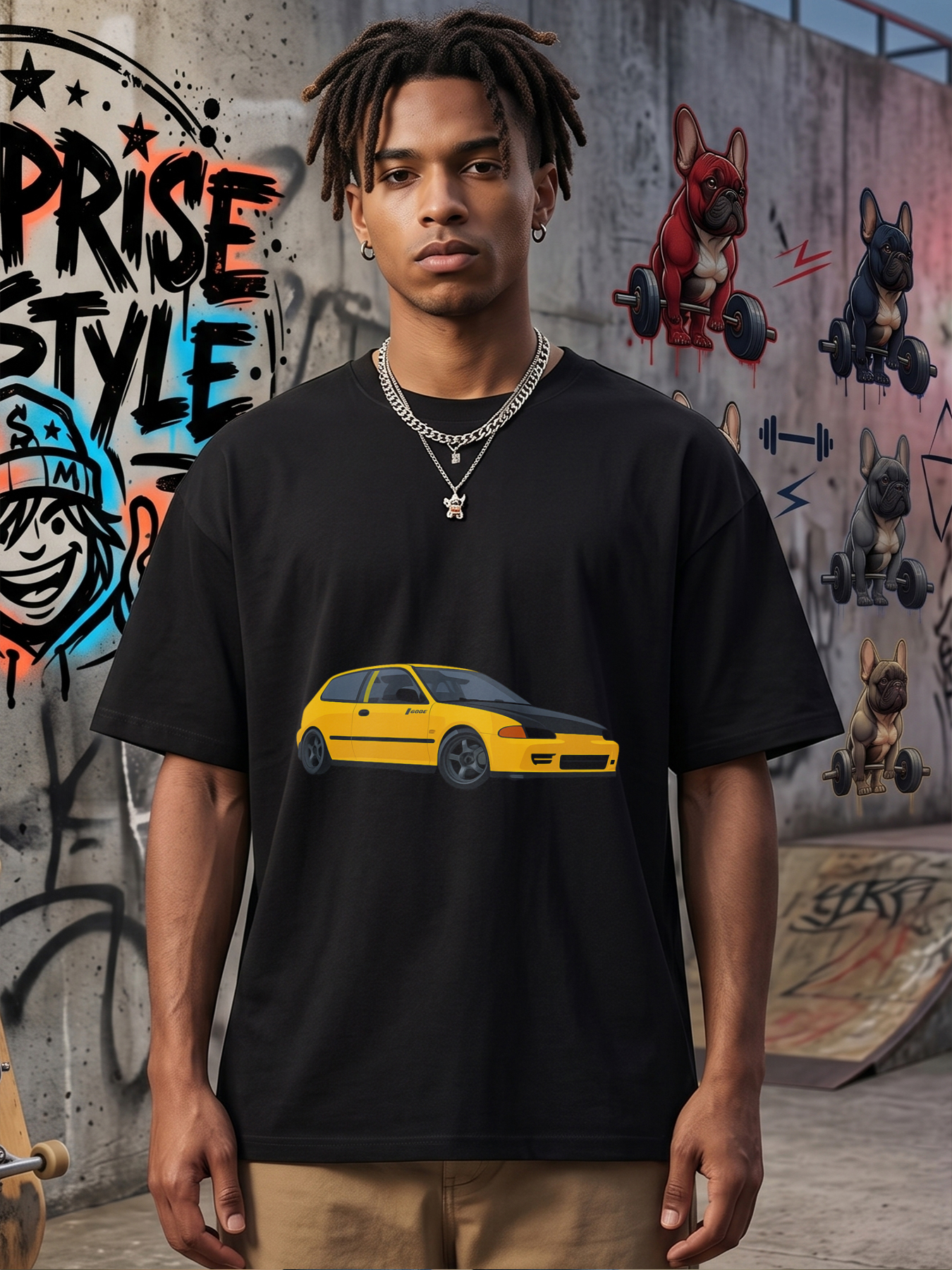 Men's Printed T-Shirt Yellow Sports Car Graphic Design Casual Round Neck Summer Lightweight Breathable Short Sleeve T-Shirt for Car Enthusiasts and Auto Lovers