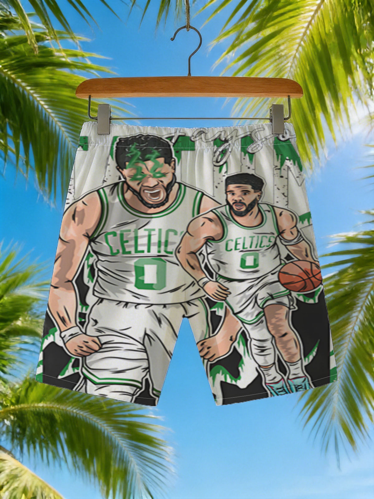 Jayson Tatum in Celtics Uniform, Basketball Action Art -  Beach shorts