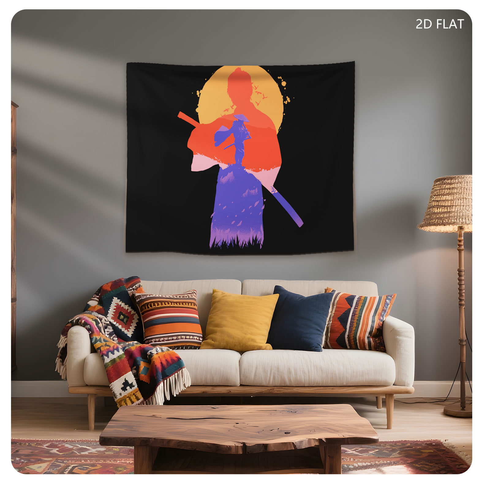 Samurai Silhouette Against Sunset with Mount Fuji and Birds - Tapestry