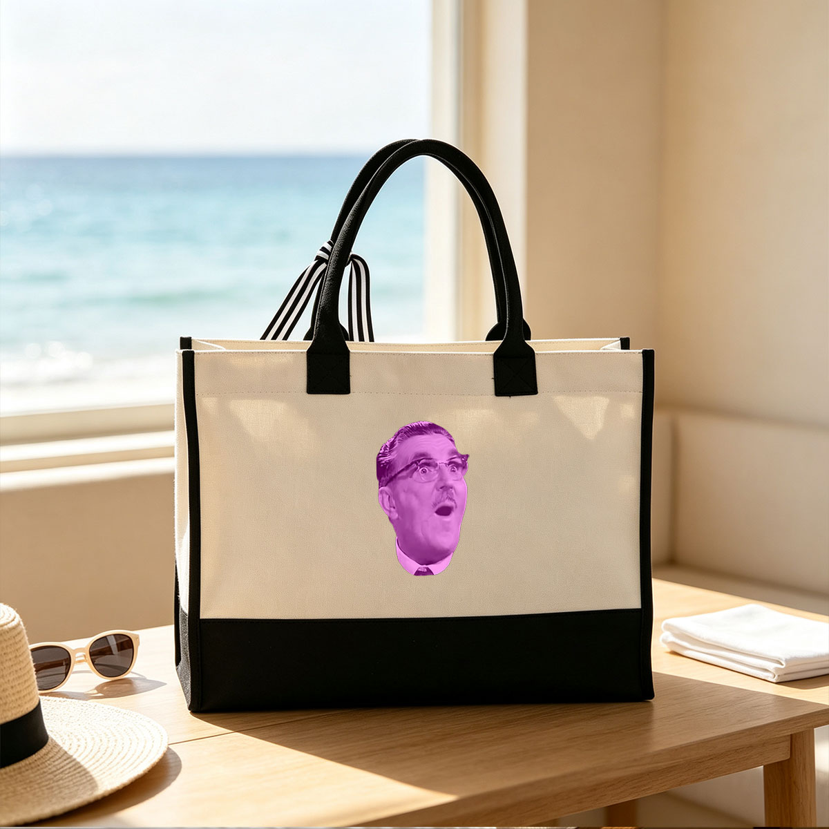 Surprised Man in Purple Tint with Glasses and Mustache - Canvas patchwork gift tote bag