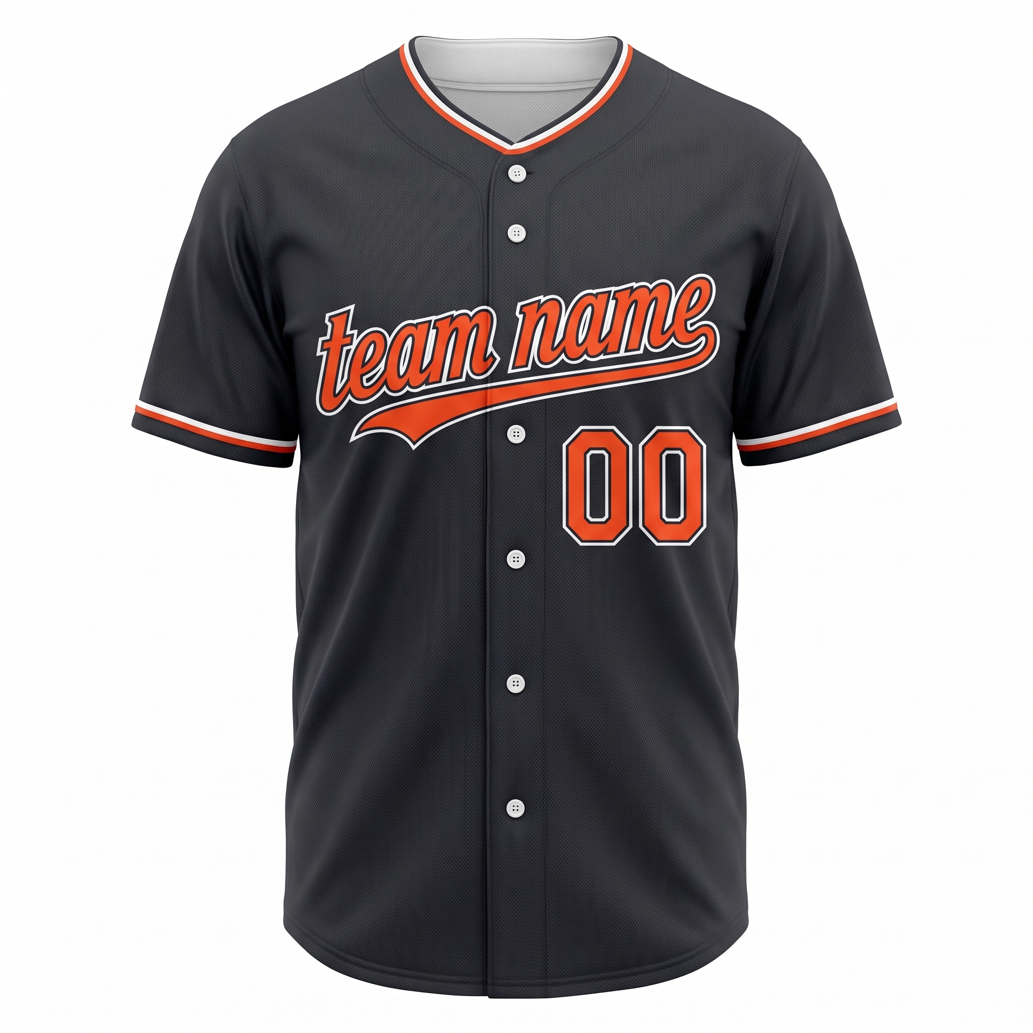 Custom Printed Detroit Script Style Baseball Jersey Anthracite Charcoal Orange Trim Button Down Shirt for Men and Women