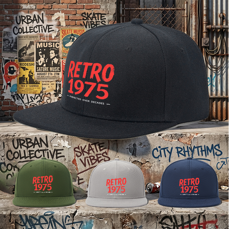 Flat Brim Baseball Cap Retro 1975 Brushstroke Design Streetwear Underground Skate Style for Basketball Court Skate Park Urban Lifestyle Skaters Rappers Streetwear Enthusiasts