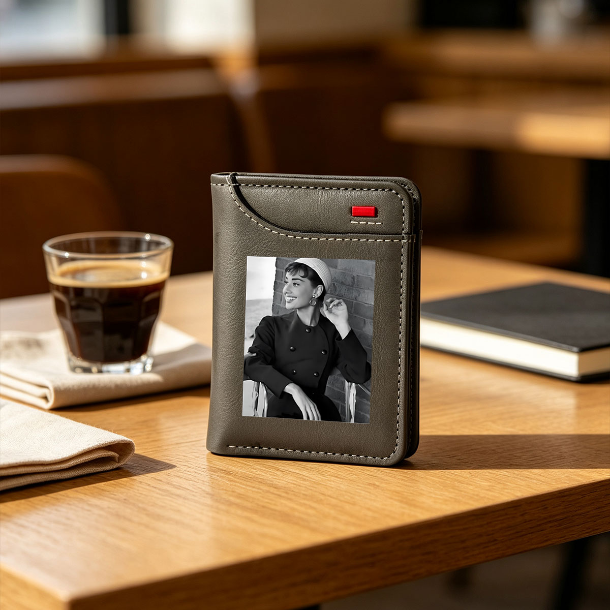 Audrey Hepburn in a classic black coat and white hat, smiling elegantly against a brick wall. - Vertical Style Wallet