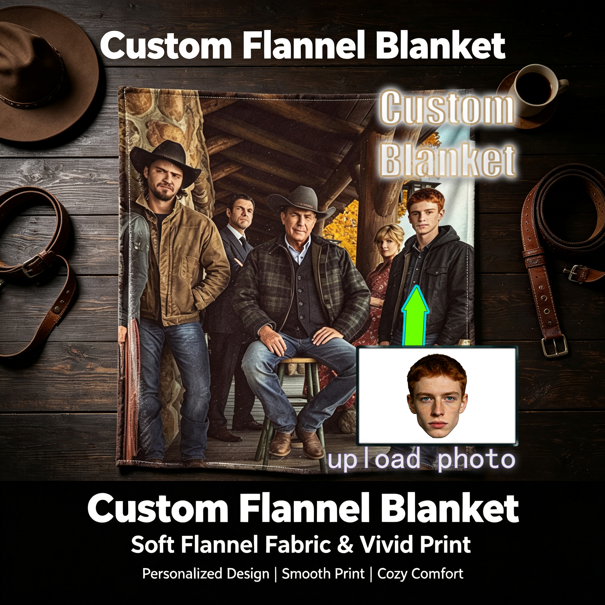Custom Face Blanket Western Ranch Family Portrait Flannel Blanket Cozy Cabin Decor Gift for Cowgirl and Cowboy Fans