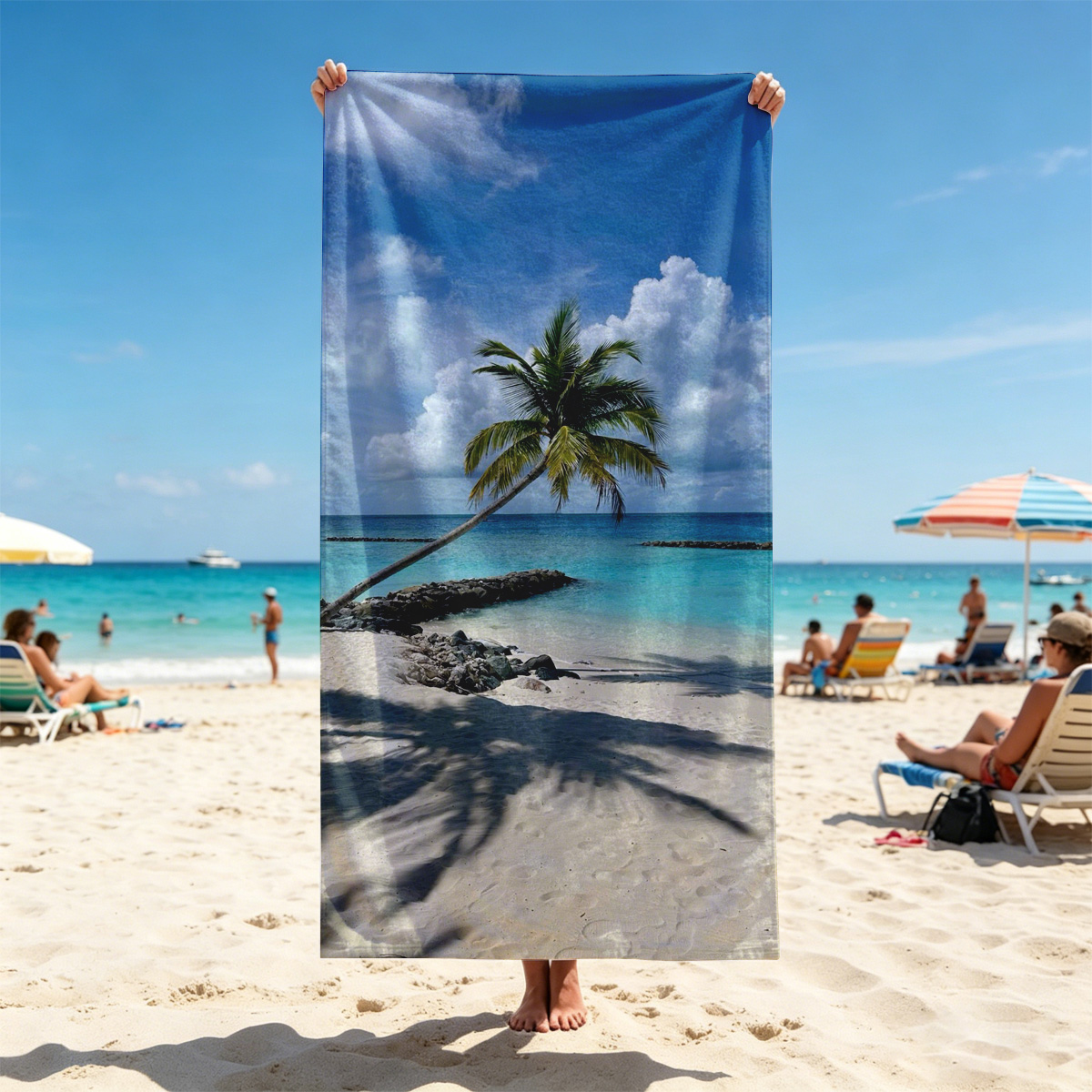 Tropical beach with palm tree leaning over turquoise water and white sand under blue sky. - Beach towels