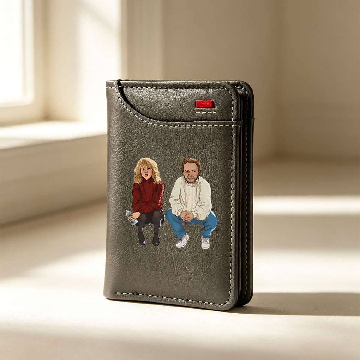 Two individuals seated, one in a red sweater holding a water bottle, the other in a white sweater and blue jeans. - Vertical Style Wallet