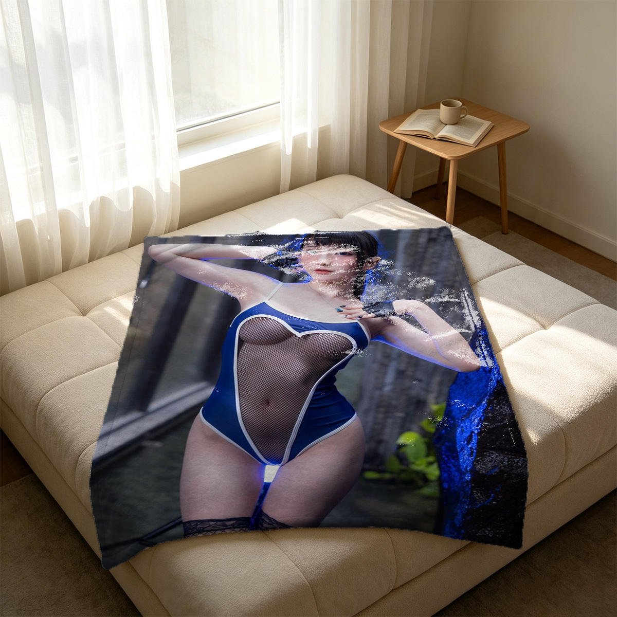 Rina Akiyama in black micro bikini, arms raised, seductive pose. - Blanket