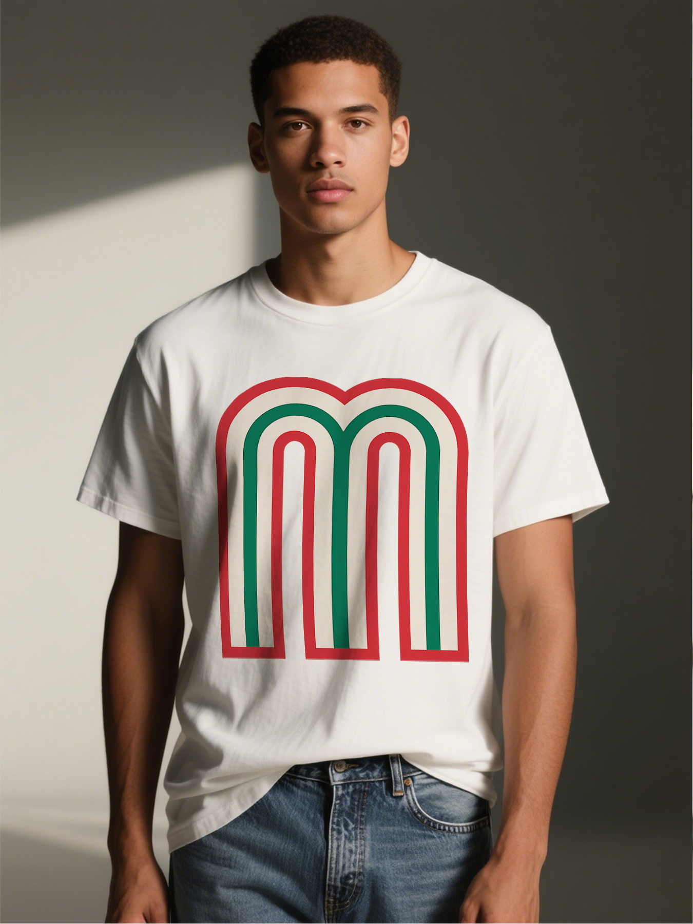Men's Printed T-Shirt with Bold Geometric M Design in Red Green White Stripes, Casual Round Neck Lightweight Breathable Summer Short Sleeve Tee for Everyday Wear, Outdoor Activities, and Urban Style, Ideal for Young Adults and Fashion-Loving Men
