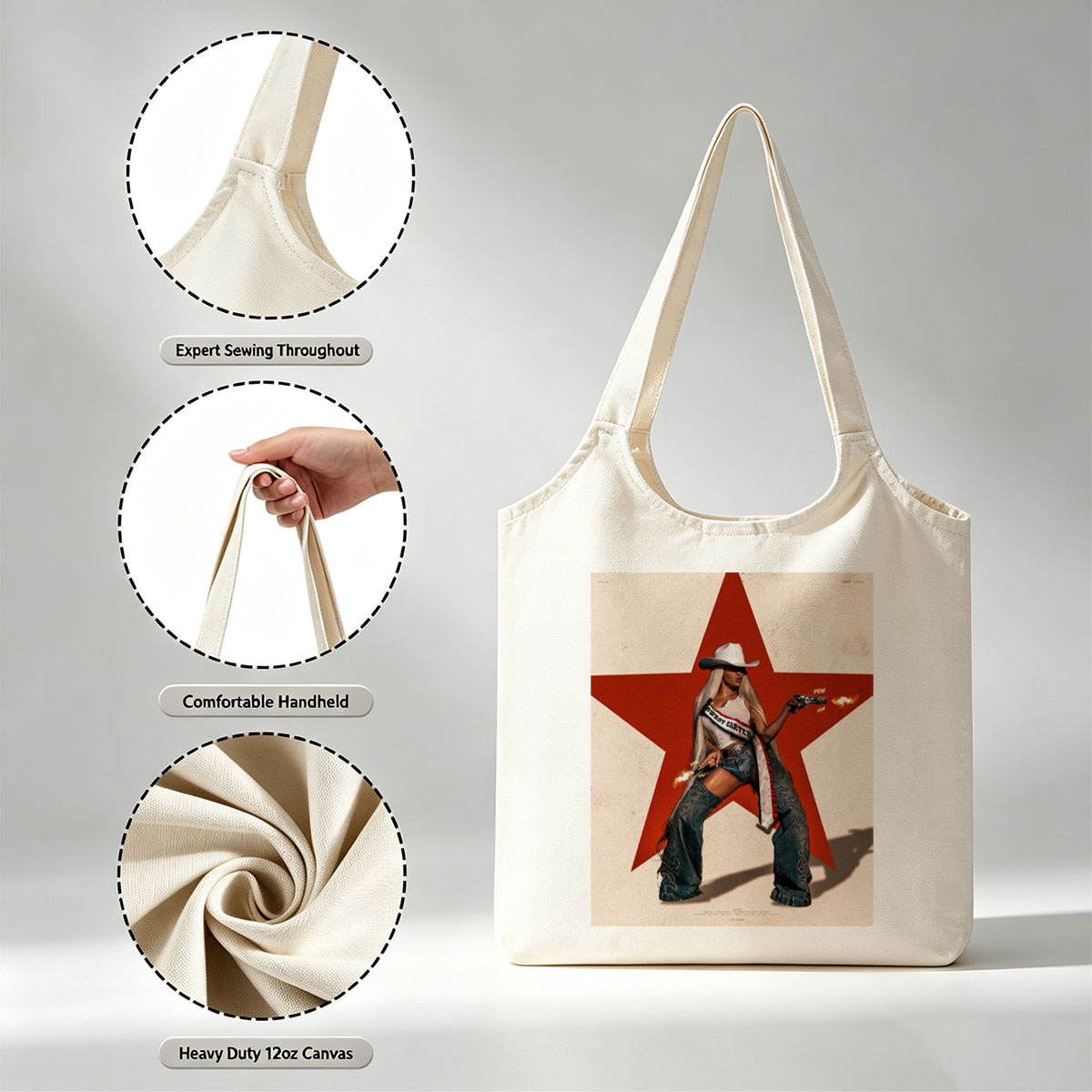 Cardi B in Cowboy Outfit Holding Guns Against Red Star Background - Canvas shoulder bags/