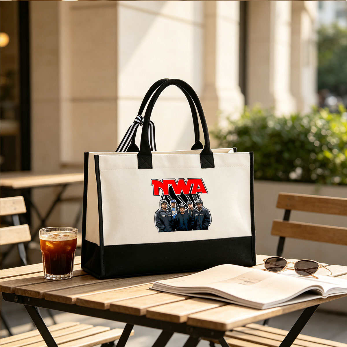 NWA: Ice Cube, Dr. Dre, Eazy-E, MC Ren, and DJ Yella in iconic group portrait - Canvas patchwork gift tote bag