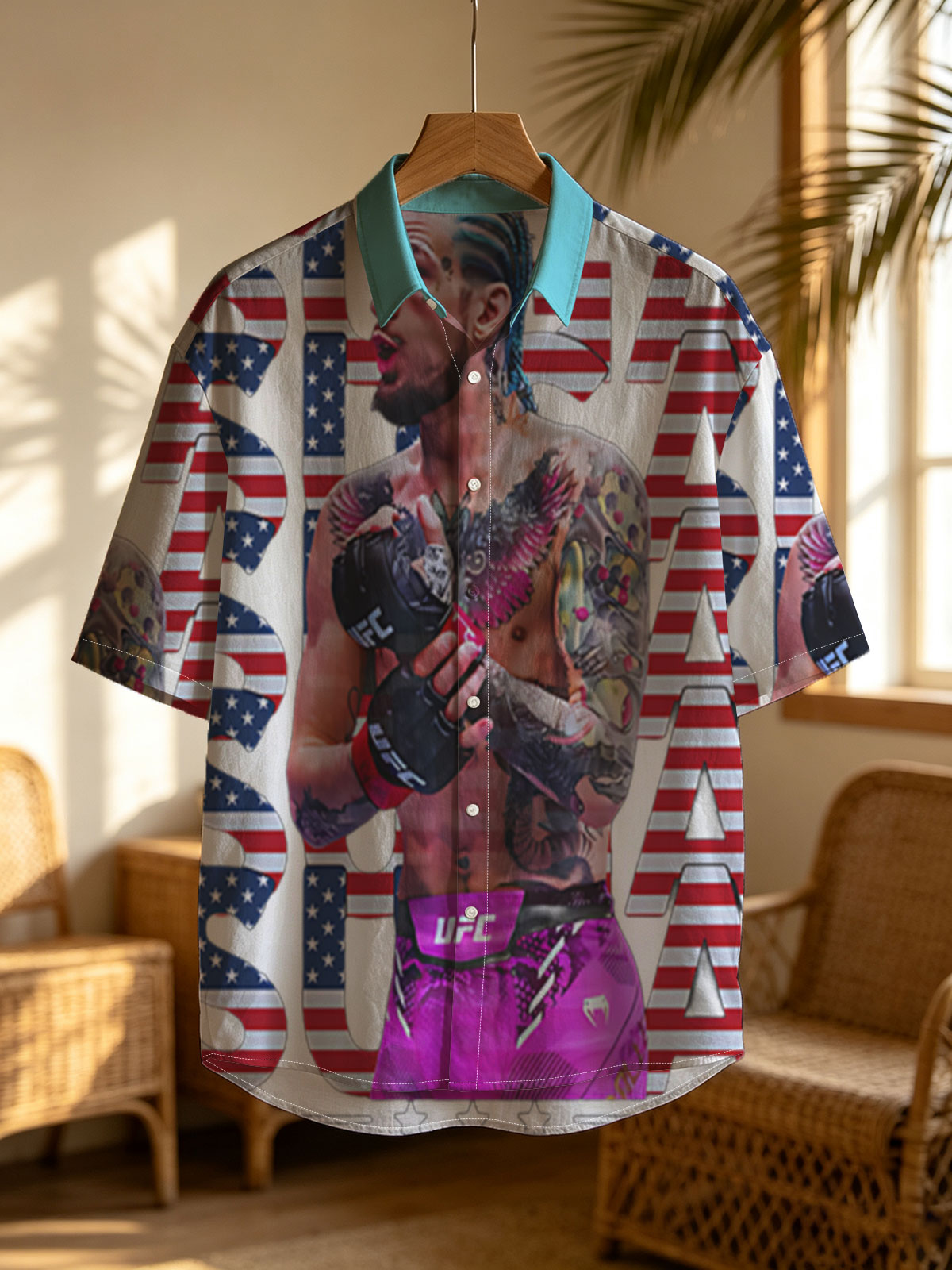 Sean O'Malley in UFC Gear with American Flag Design Background -  Shirt