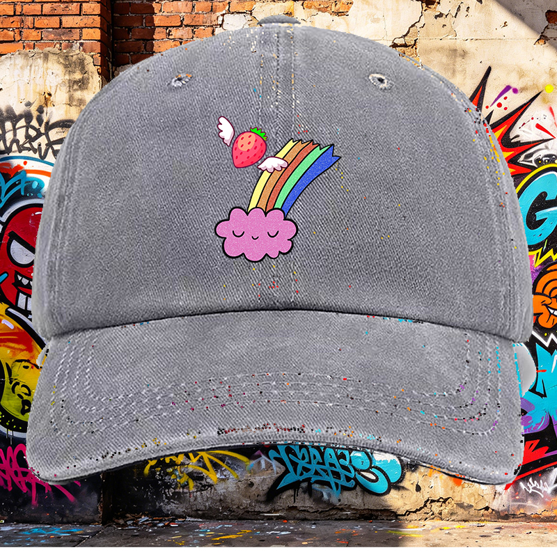 Men's Printed Washed Cap with Strawberry Wings and Rainbow Cloud Design - Casual Round Brim Summer Lightweight Hat for Outdoor Activities, Beach, Travel - Perfect for Young Adults and Trendy Streetwear Lovers