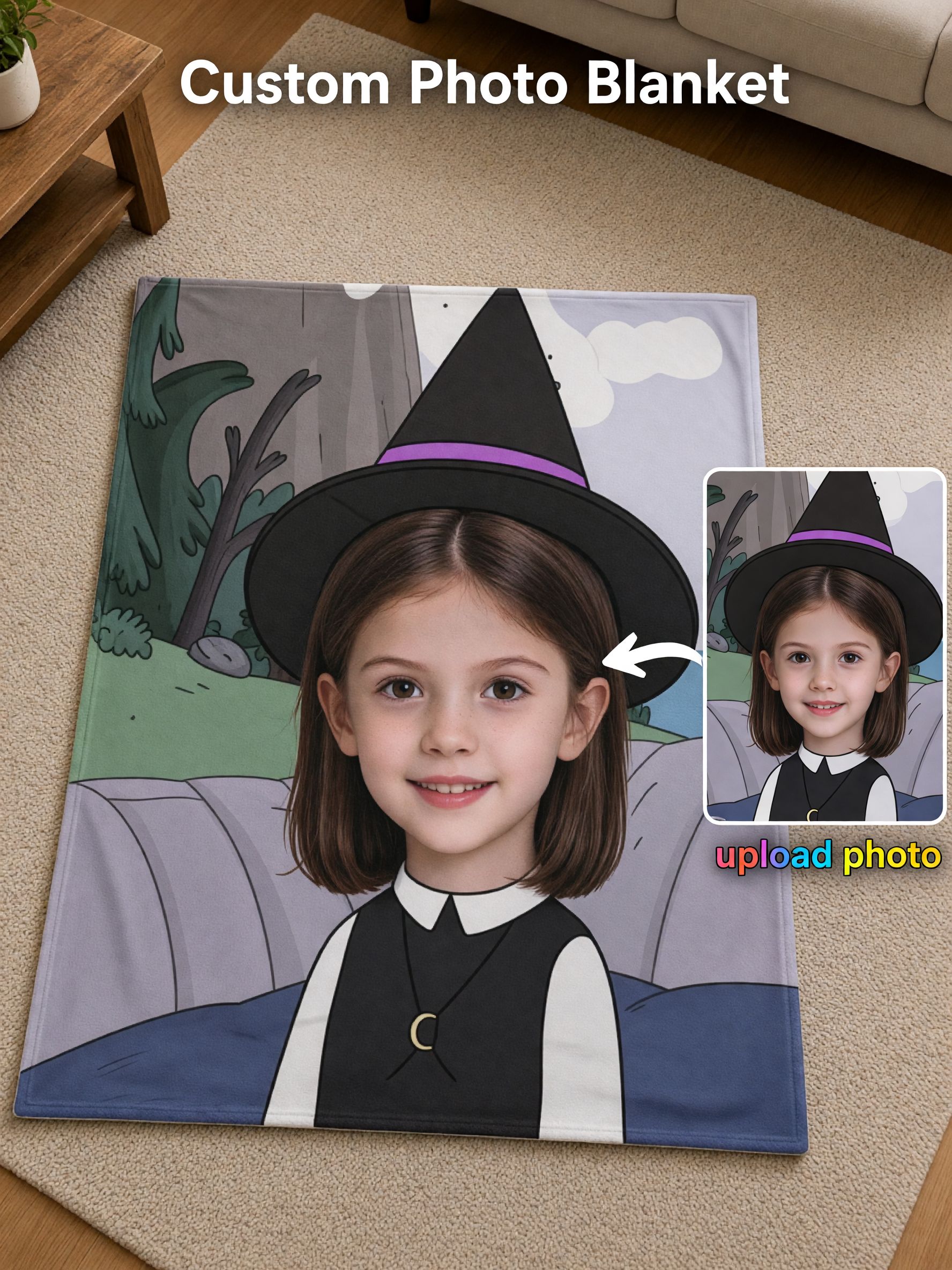 Custom Photo Face Blanket Personalized Witch Cartoon Velvet Flannel Throw Cozy Birthday Keepsake Gift