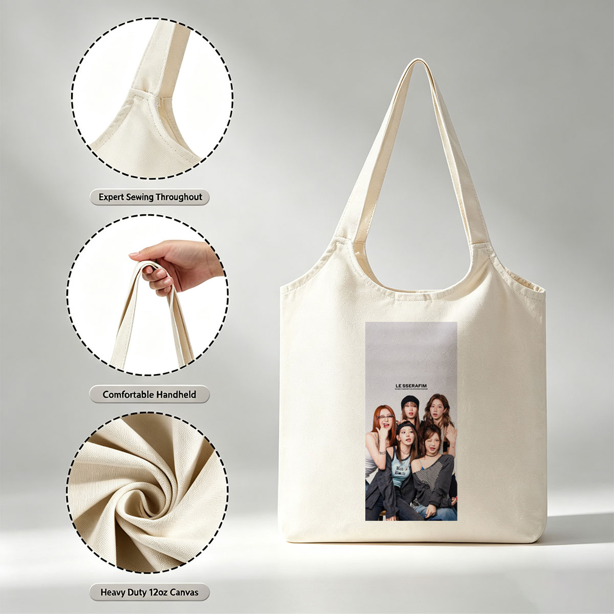 LE SSERAFIM Group Photo with Members in Casual Outfits and Playful Poses - Canvas shoulder bags/