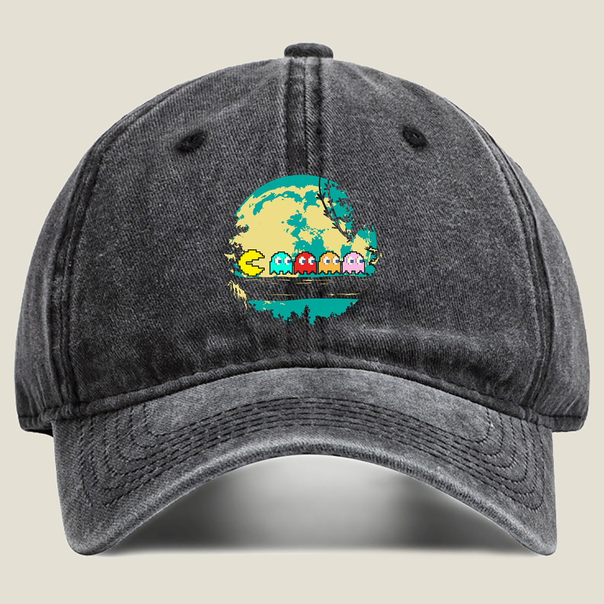 Pac-Man and Ghosts Under the Moon - Washed Denim - Baseball Cap