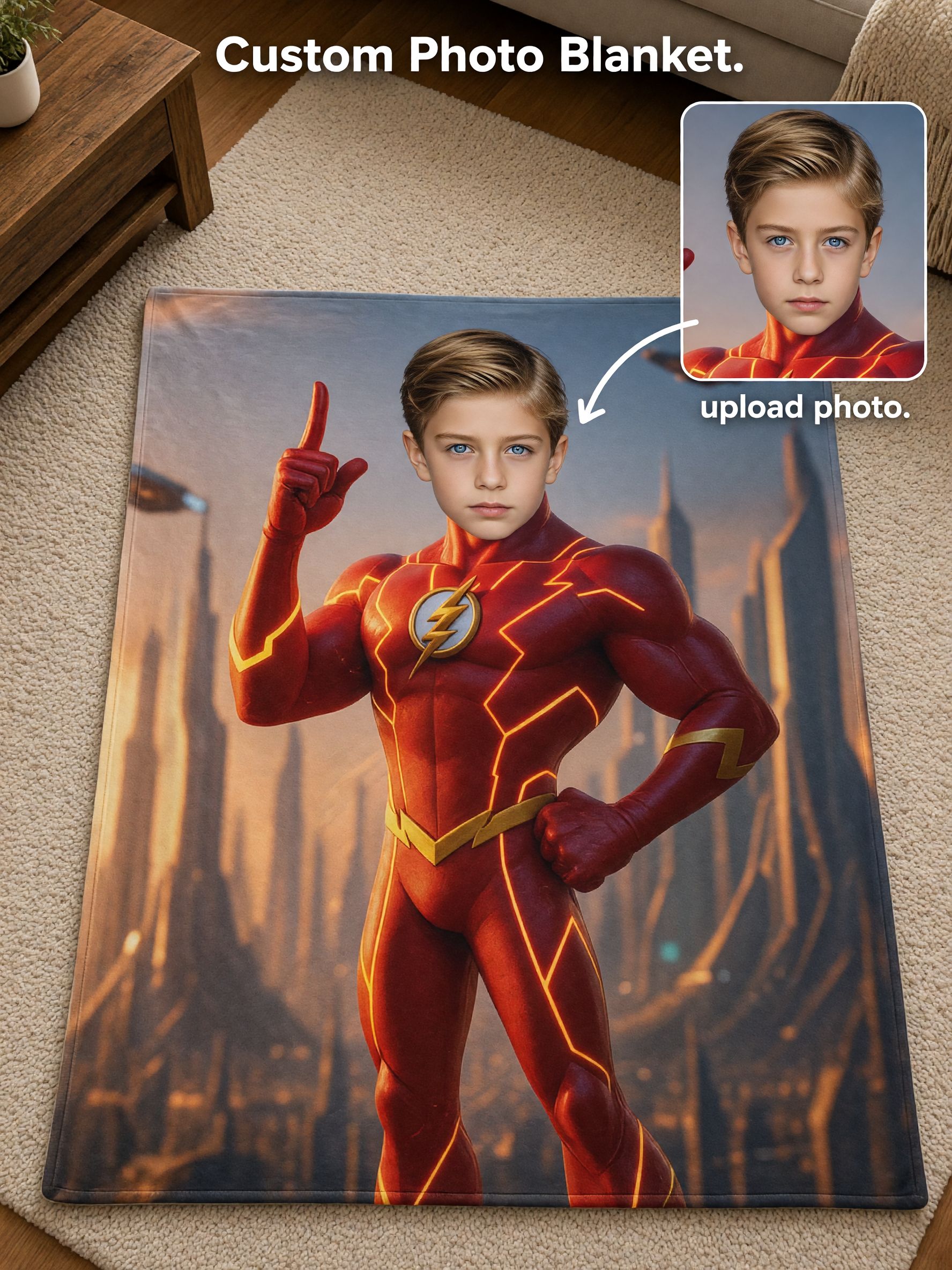 Custom Photo Superhero Flannel Fleece Blanket, Personalized Head Face Cozy Throw for Kids, Unique Birthday Gift