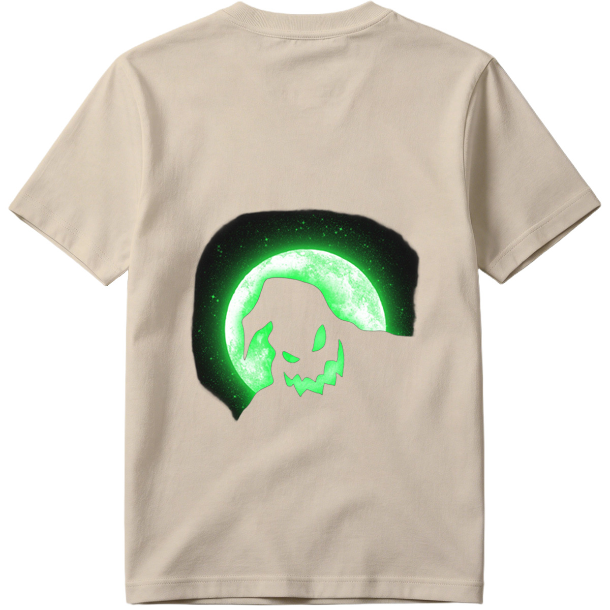 Pumpkin Head Silhouette Against Green Moon - Tee