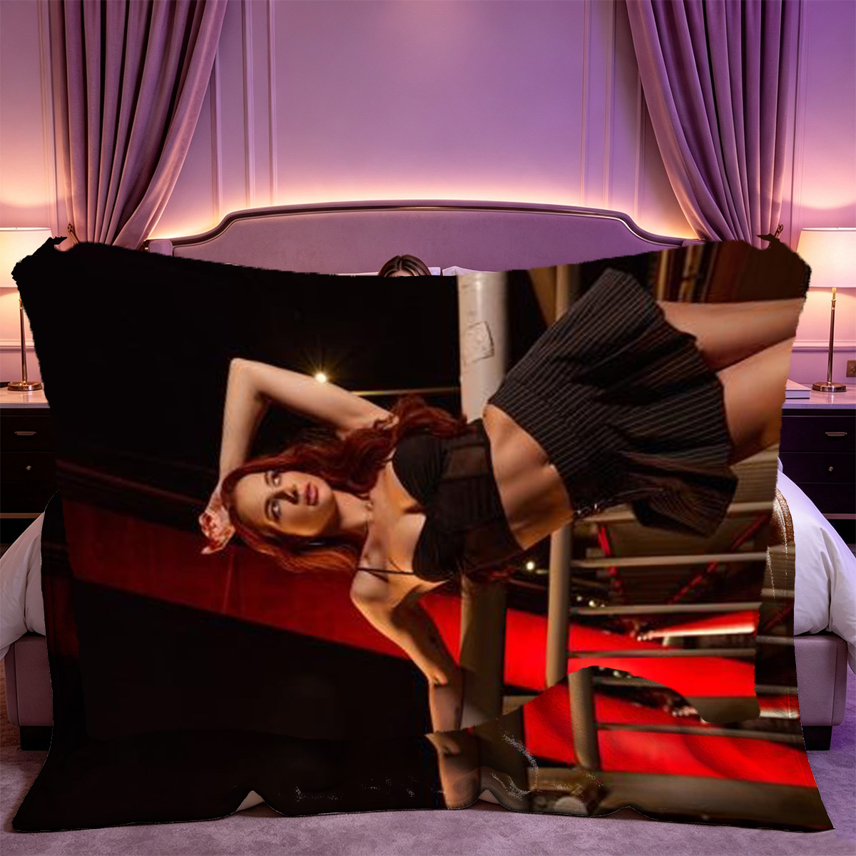 Redhead in Black Corset and Red Jacket at Nightclub - Blanket