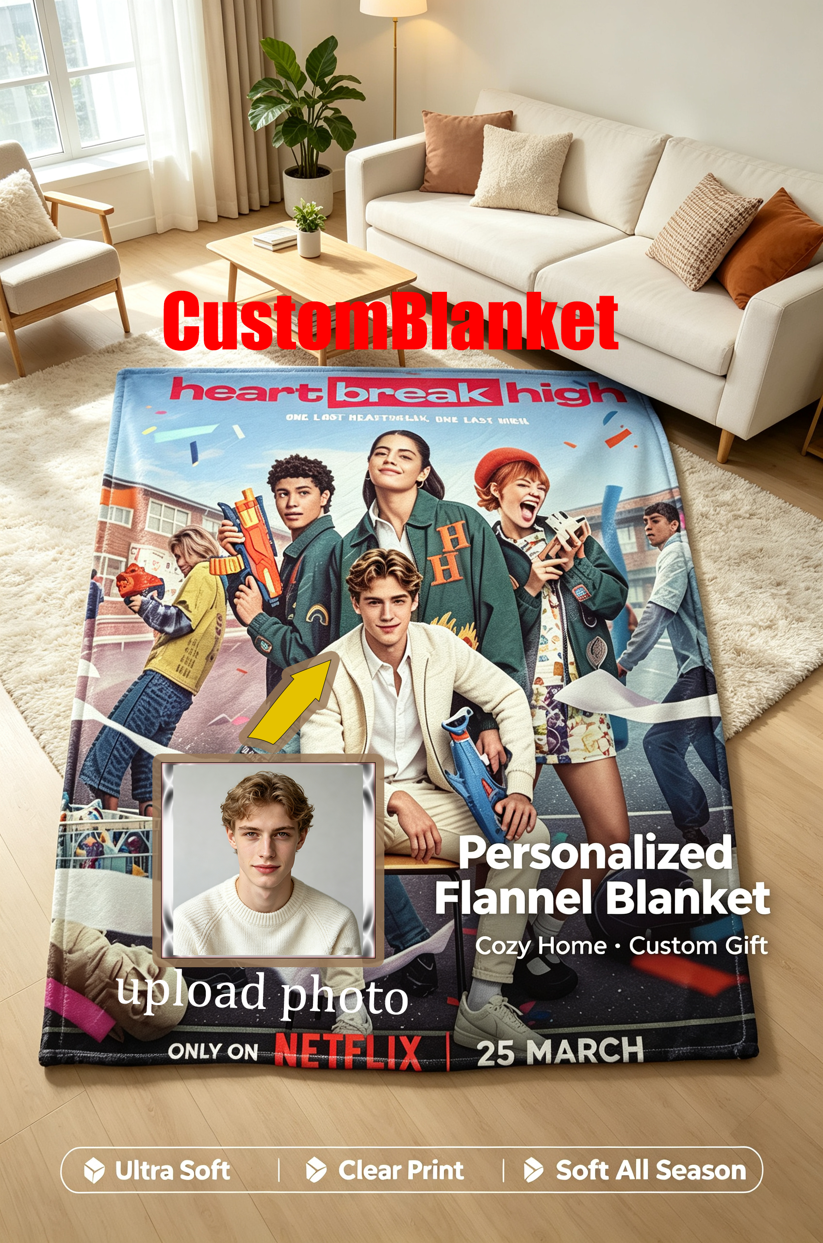 Custom Face Blanket Heartbreak High Flannel Blanket for Fans of the Netflix Series – Perfect Gift for Teens and Adults, Ideal for Couch, Bed, or Dorm Use
