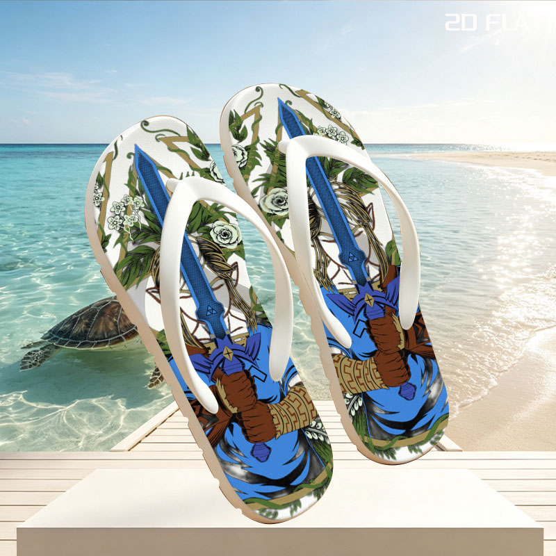 Link from The Legend of Zelda holding Master Sword, surrounded by floral wreath and geometric design -  flip-flops