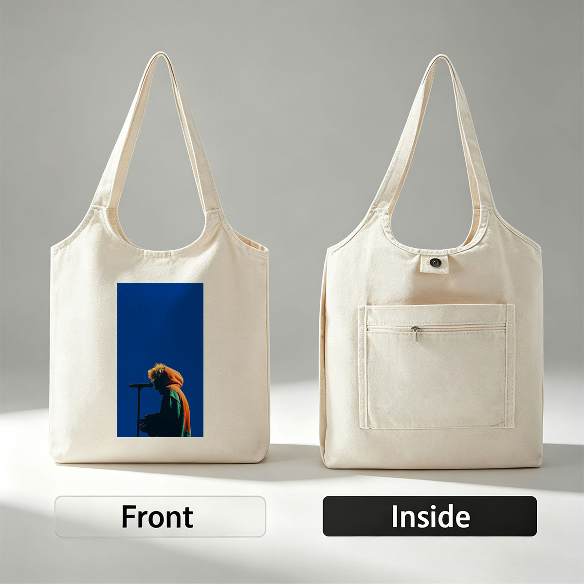 Troye Sivan Performing on Stage with Microphone Against Blue Background - Canvas shoulder bags/