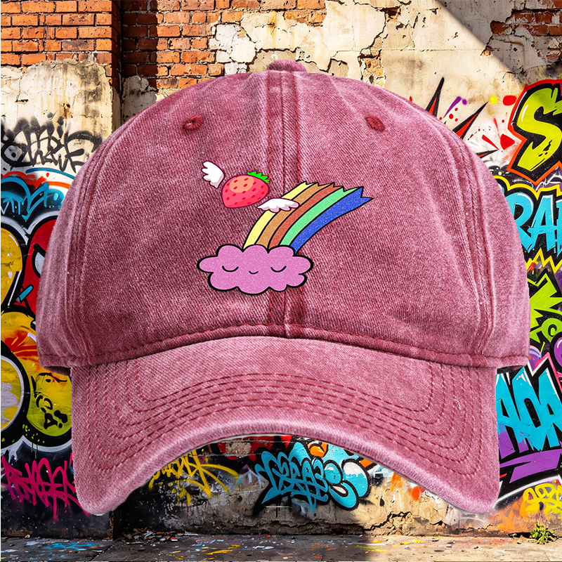 Unisex Classic Washed Cap with Flying Strawberry Rainbow Cloud Print - Perfect for Casual Outings, Travel, and Everyday Wear - Ideal for Teens and Young Adults Seeking Fun, Colorful Streetwear Style