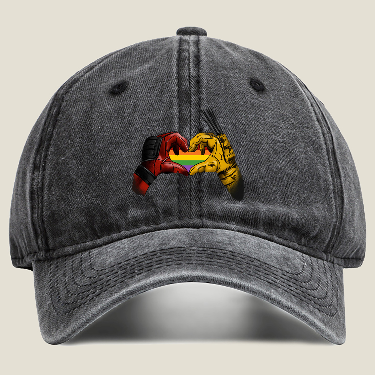 Deadpool and Wolverine Form a Rainbow Heart - Washed Denim - Baseball Cap