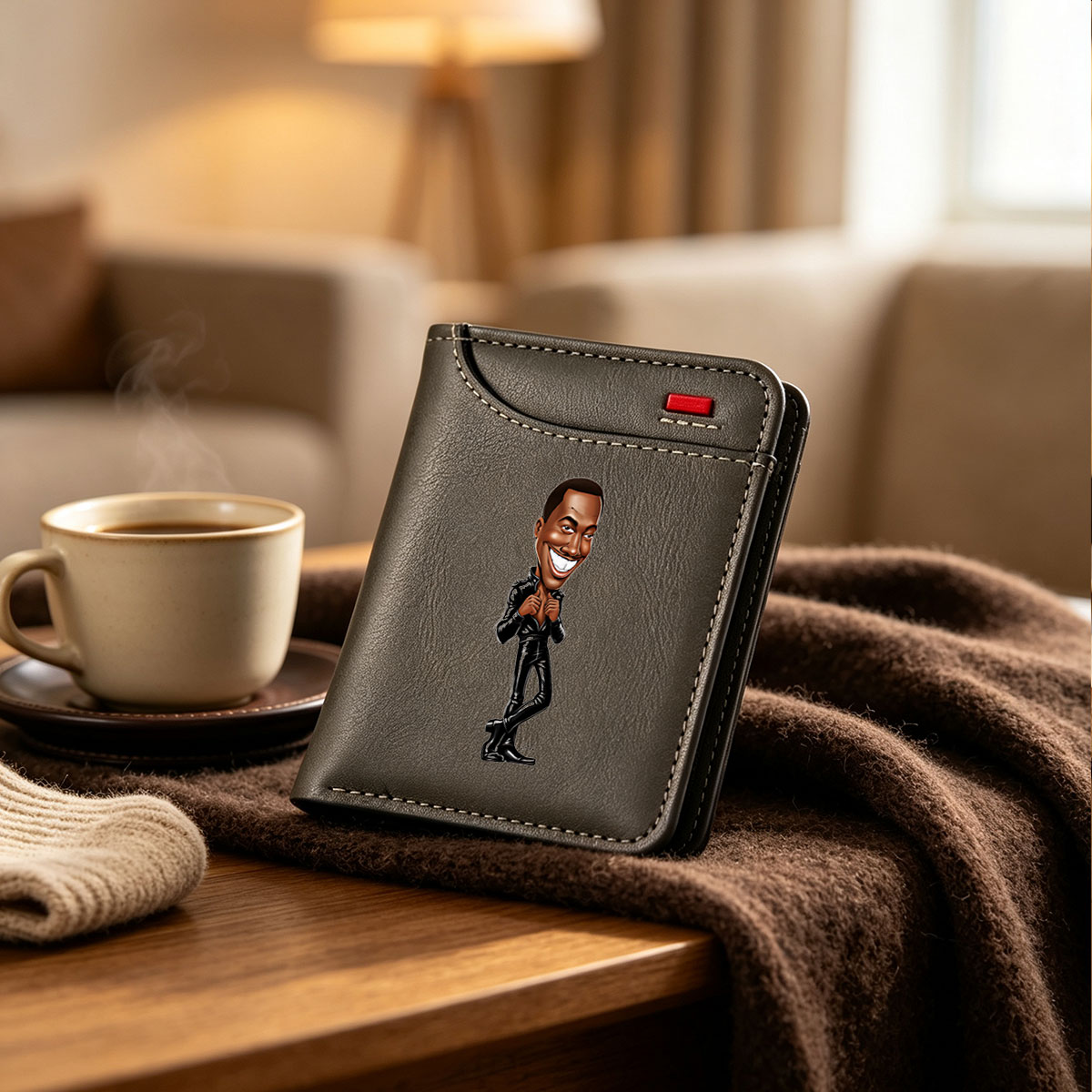 Caricature of a smiling man in a black leather outfit, adjusting his jacket with a confident pose. - Vertical Style Wallet