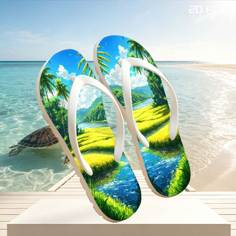 Tropical River Landscape with Lush Greenery and Palm Trees -  flip-flops