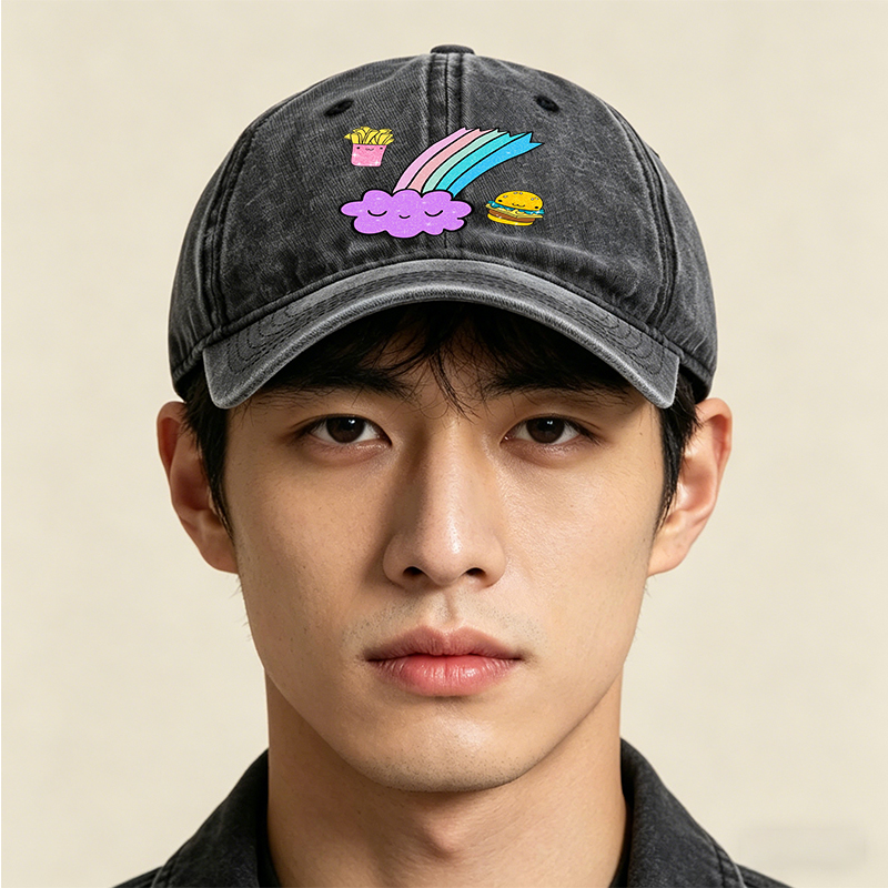 Unisex Classic Washed Cap with Kawaii Rainbow Cloud, Happy Fries & Burger Print – Casual Streetwear Hat for Youth and Trendy Adults, Perfect for Daily Wear, Outings, and Festivals