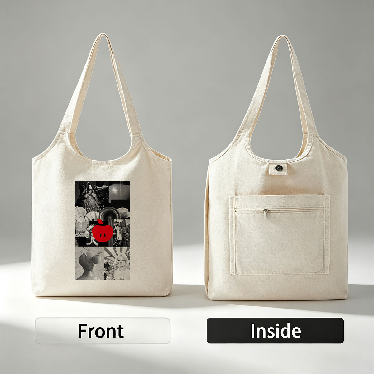 Ringo Sheena in a Retro-Futuristic Collage Featuring Black-and-White Portraits, Vinyl Records, and a Bold Red Apple Logo - Canvas shoulder bags/